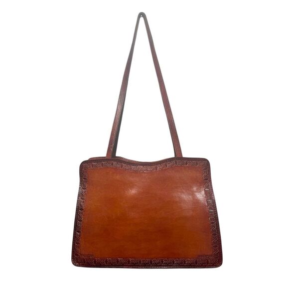 Vintage Brown Leather Tote Shoulder Bag 3D Design Zip Closure - Picture 4 of 8